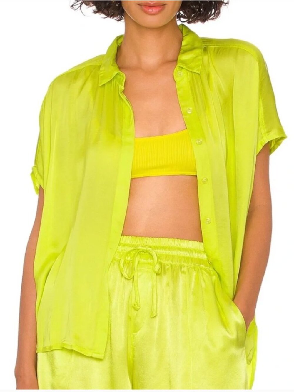 Young Fabulous & Broke Luna Top Neon Lime Button-Front Blouse